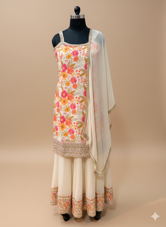 Cream Floral Kurta Set with Golden Border and Dupatta