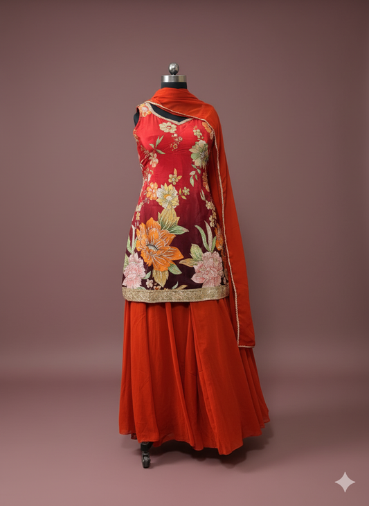 Red Floral Kurta Set with Golden Border and Dupatta