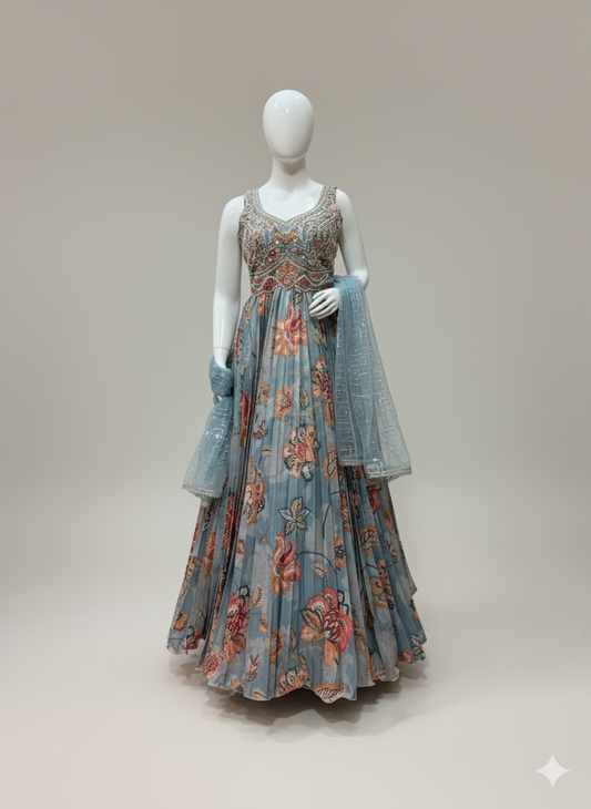 Sky Blue Floral Anarkali Gown with Embroidered Bodice and Dupatta