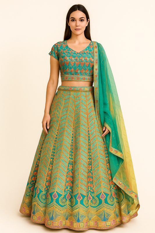 Teal & Gold Silk-Blend Lehenga Set with Intricate Woven Detailing and Contrast Dupatta