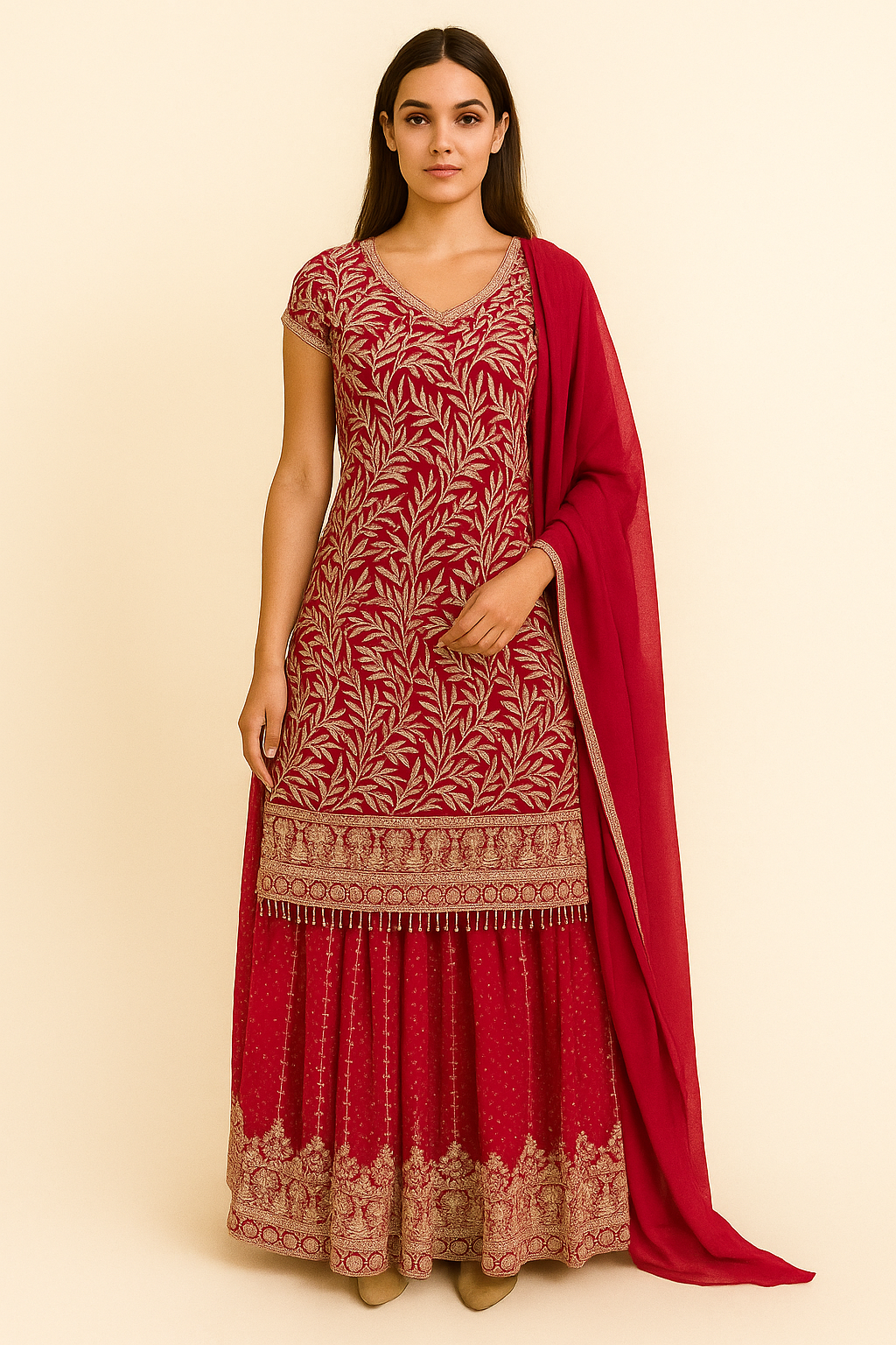 Maroon Georgette Anarkali Suit with Golden Embroidery and Matching Dupatta