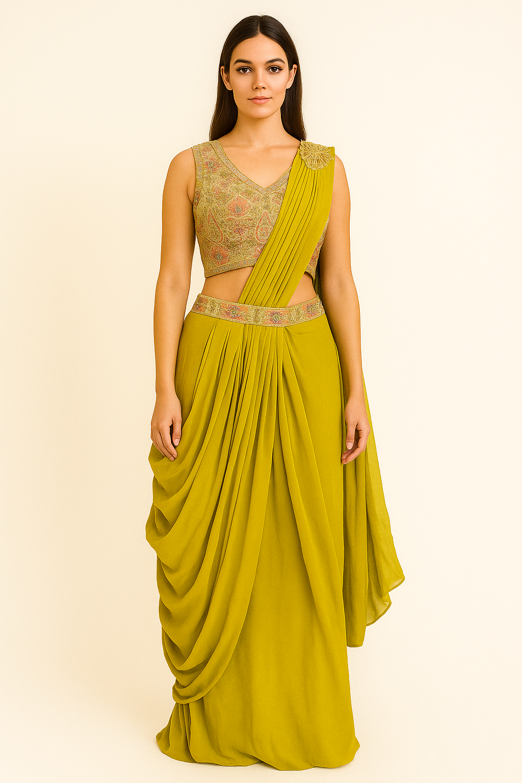 Olive Drape Saree Gown with Embroidered Blouse and Waist Detailing
