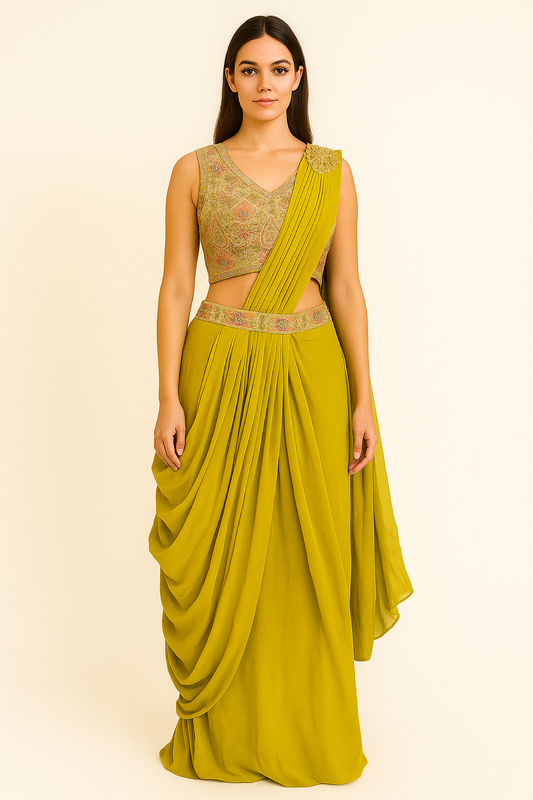 Olive Drape Saree Gown with Embroidered Blouse and Waist Detailing