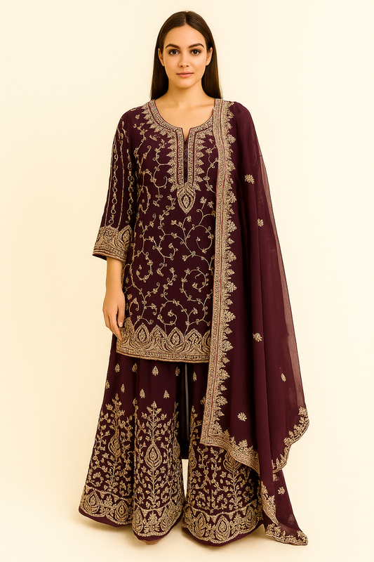 Plum Embroidered Sharara Set with Dupatta