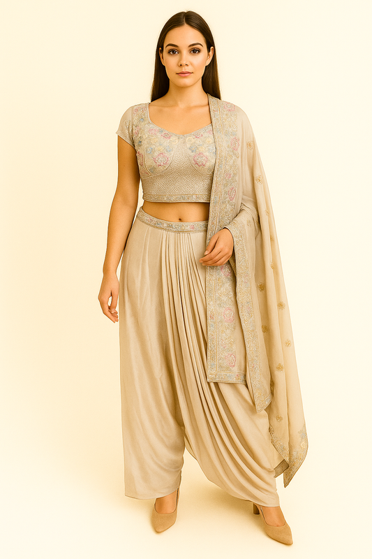 Beige Draped Pant Set with Embroidered Blouse and Dupatta