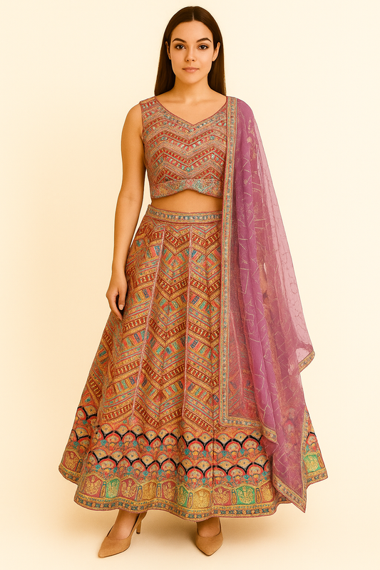 Multicolor Woven Lehenga Set with Embroidered Blouse and Lilac Dupatta