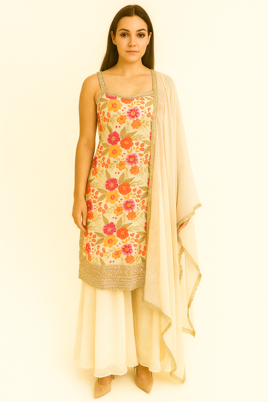 Cream Floral Kurta Set with Golden Border and Dupatta