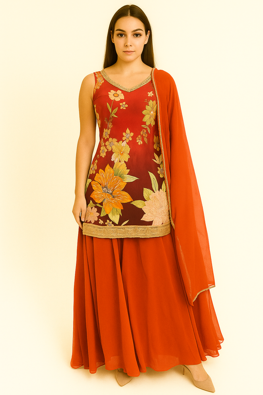 Red Floral Kurta Set with Golden Border and Dupatta