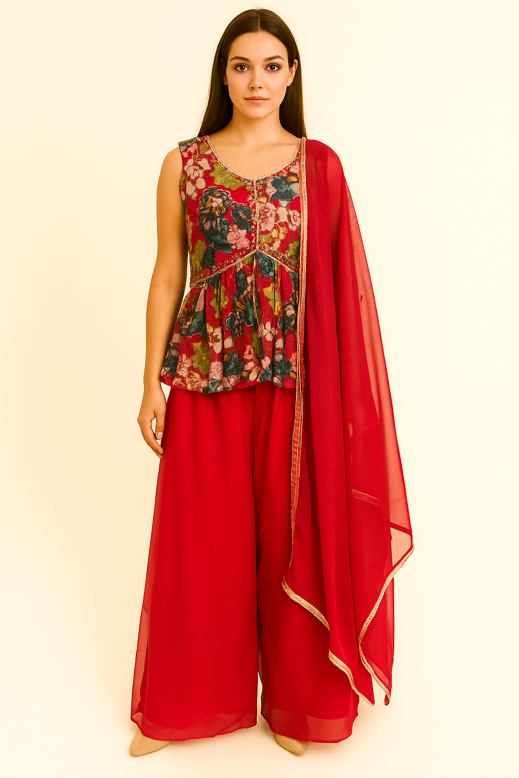 Floral Peplum Top and Red Palazzo Set with Dupatta