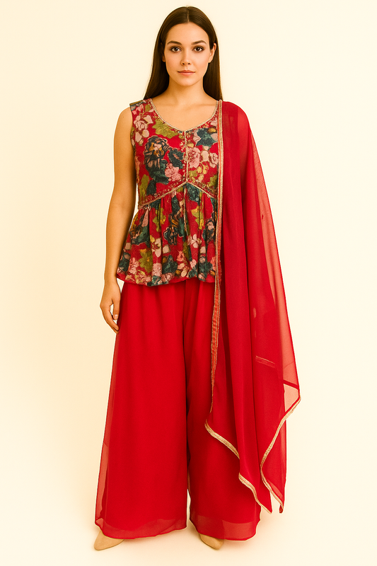 Floral Peplum Top and Red Palazzo Set with Dupatta