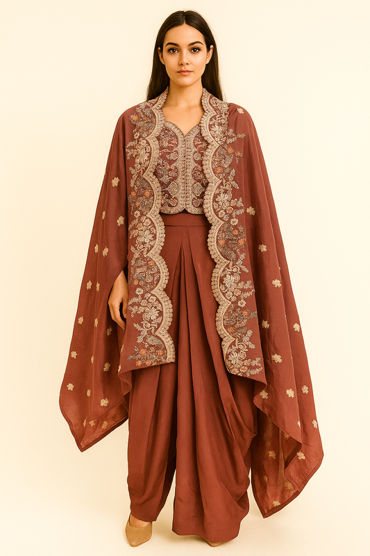 Maroon Embroidered Cape Set