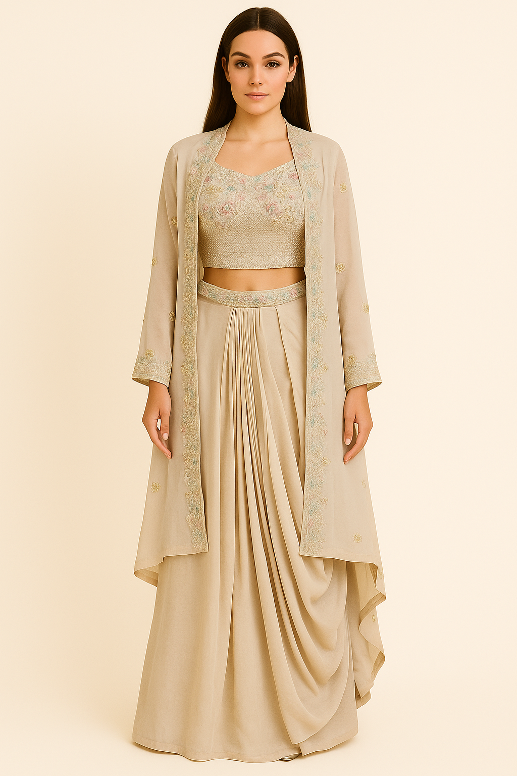 Beige Draped Pant Set with Embroidered Blouse and Dupatta