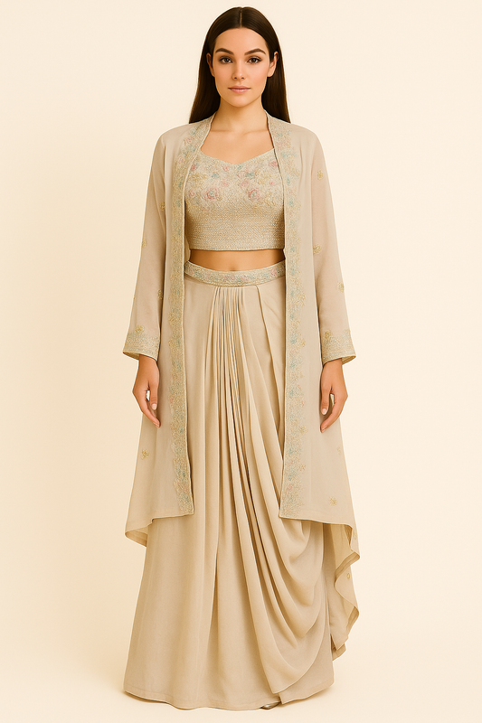 Beige Draped Pant Set with Embroidered Blouse and Dupatta
