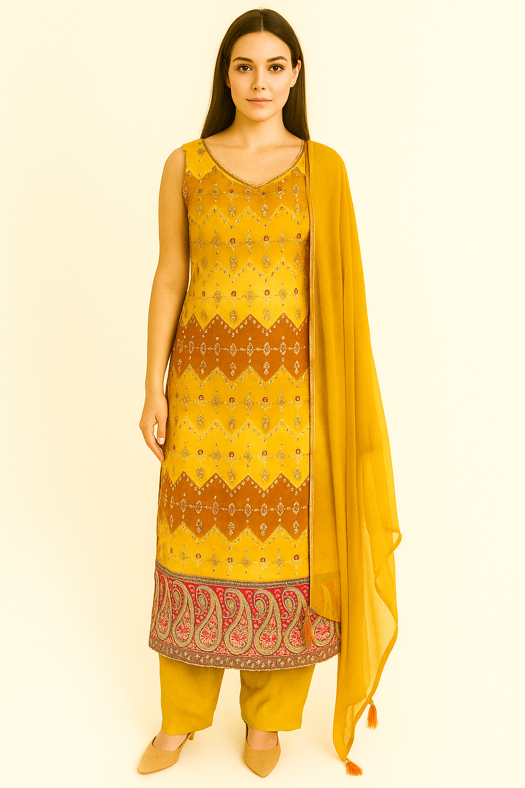 Mustard Printed Kurta Set with Embellished Detailing and Dupatta