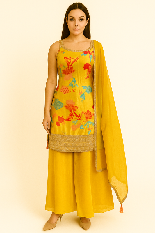Yellow Floral Kurta Set with Golden Detailing and Dupatta