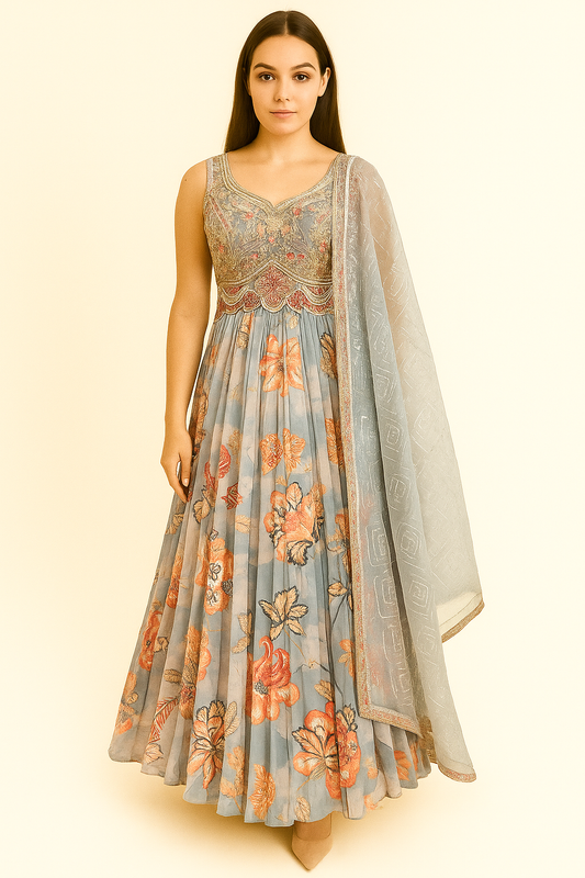 Sky Blue Floral Anarkali Gown with Embroidered Bodice and Dupatta