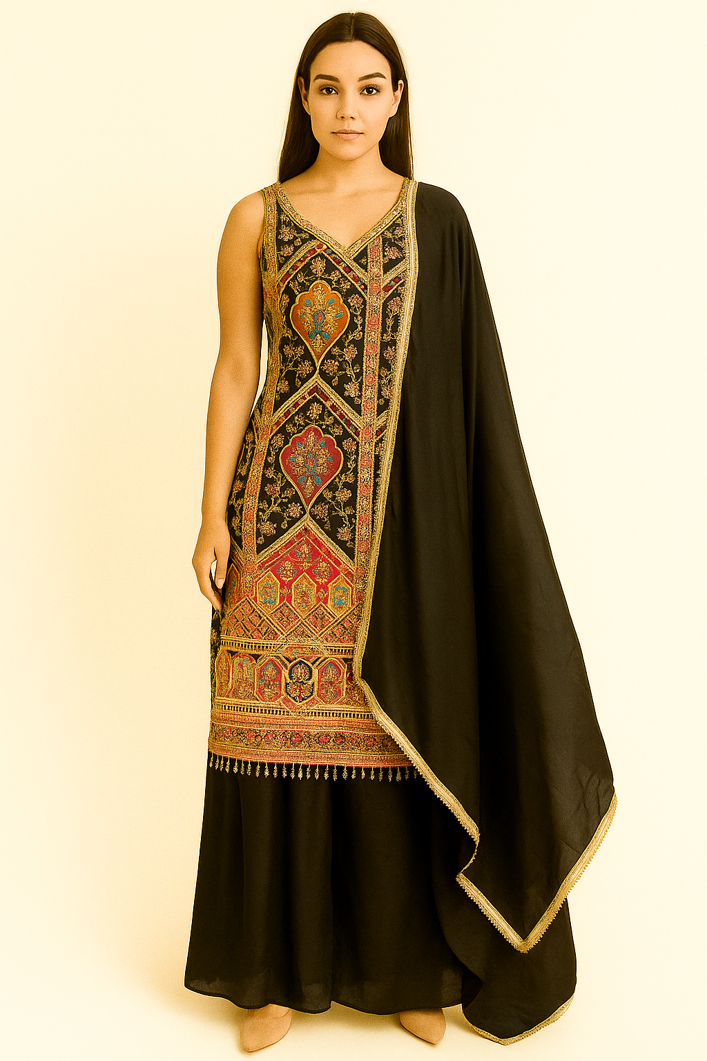 Black Ethnic Kurta Set with Multicolor Embroidery and Dupatta