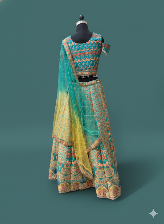 Teal & Gold Silk-Blend Lehenga Set with Intricate Woven Detailing and Contrast Dupatta