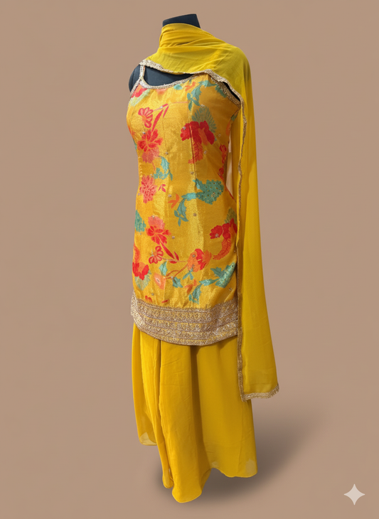 Yellow Floral Kurta Set with Golden Detailing and Dupatta