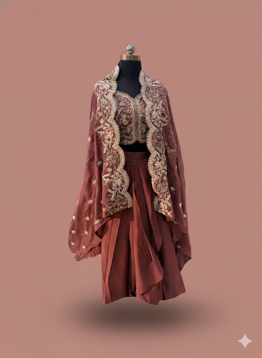 Maroon Embroidered Cape Set