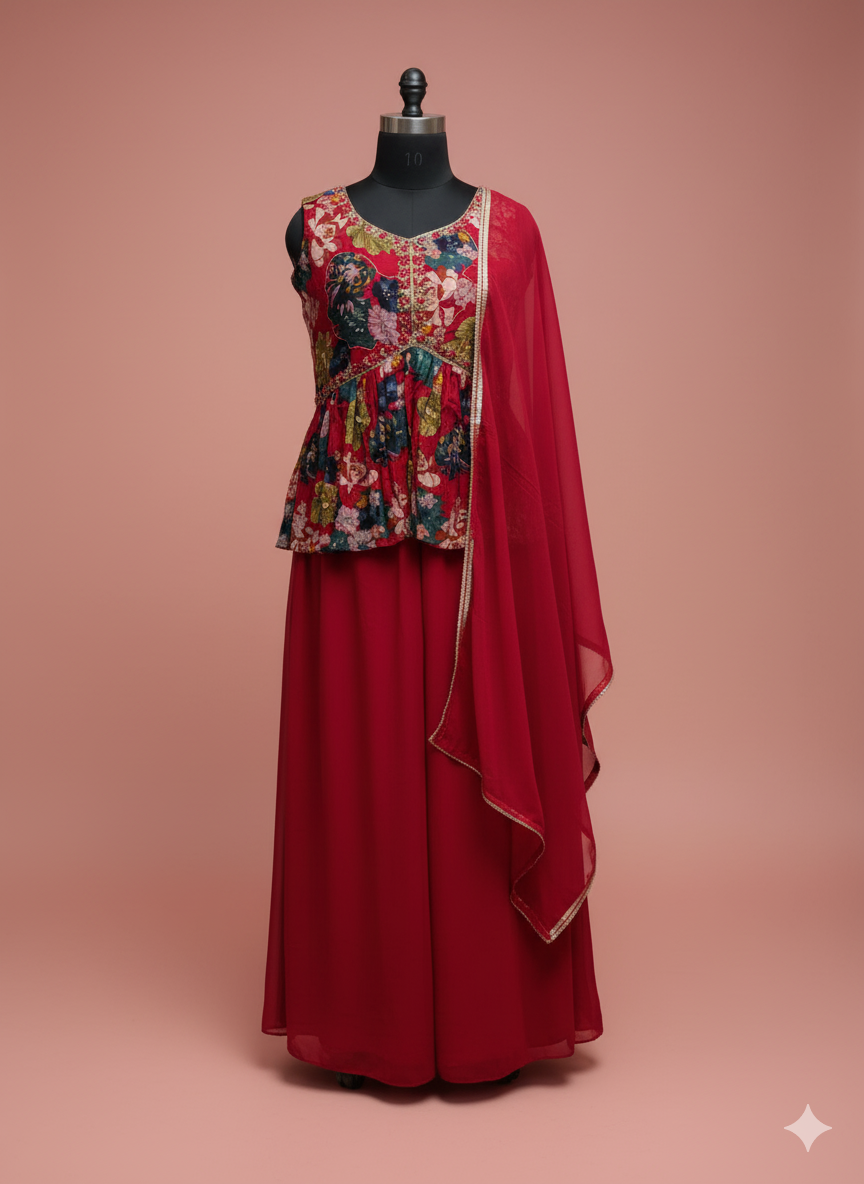 Floral Peplum Top and Red Palazzo Set with Dupatta