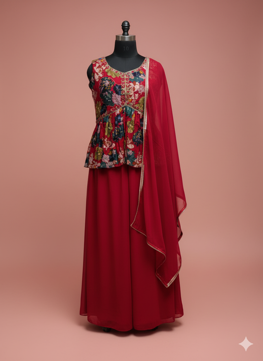 Floral Peplum Top and Red Palazzo Set with Dupatta