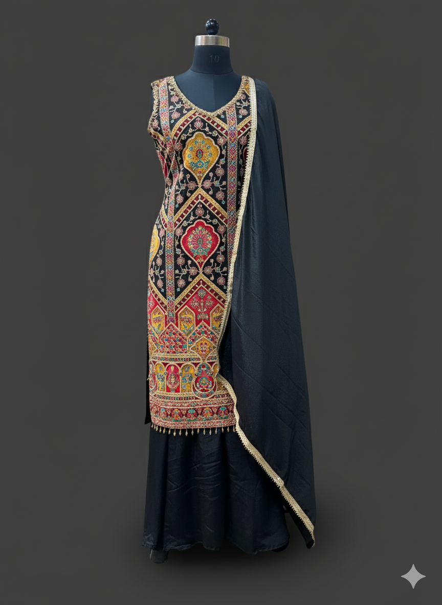 Black Ethnic Kurta Set with Multicolor Embroidery and Dupatta