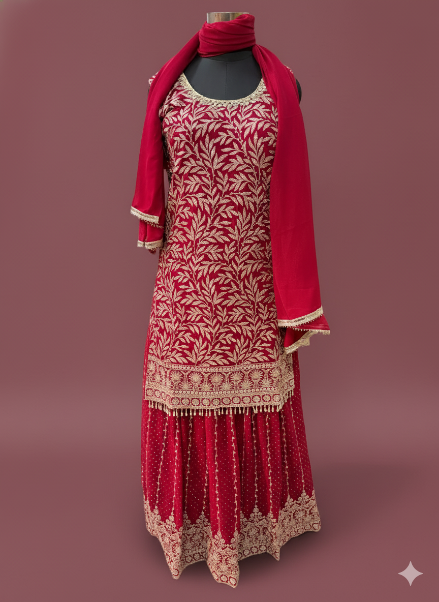 Maroon Georgette Anarkali Suit with Golden Embroidery and Matching Dupatta