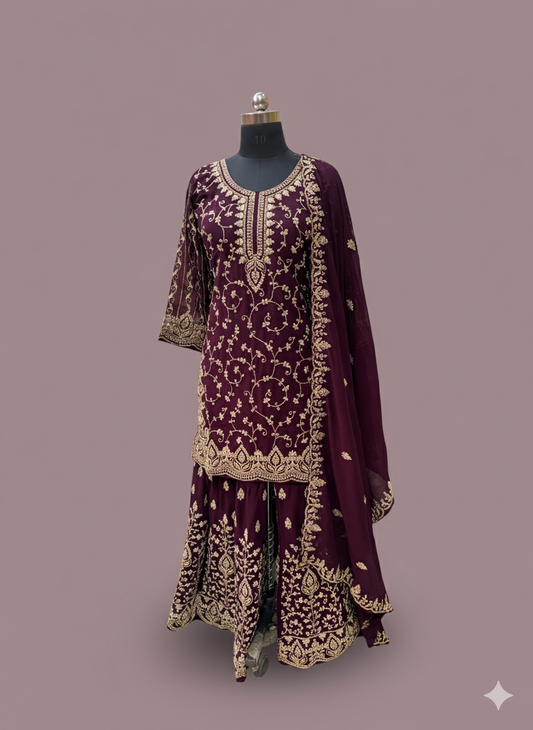Plum Embroidered Sharara Set with Dupatta
