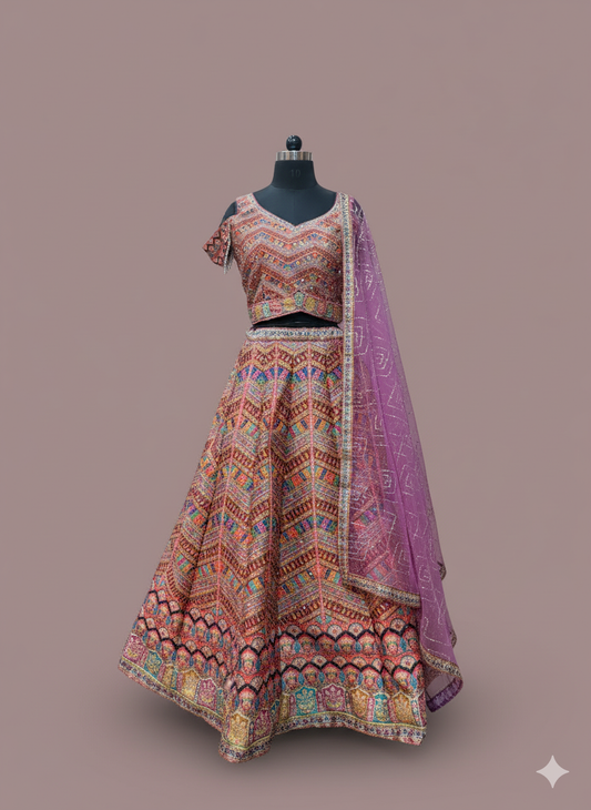 Multicolor Woven Lehenga Set with Embroidered Blouse and Lilac Dupatta