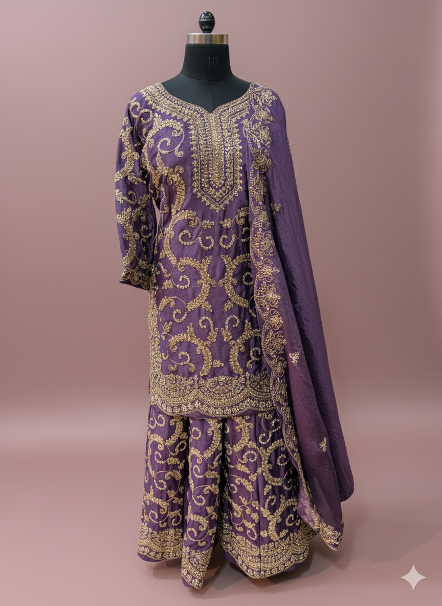 Lavender Embroidered Sharara Set with Dupatta