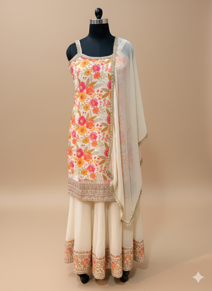 Cream Floral Kurta Set with Golden Border and Dupatta