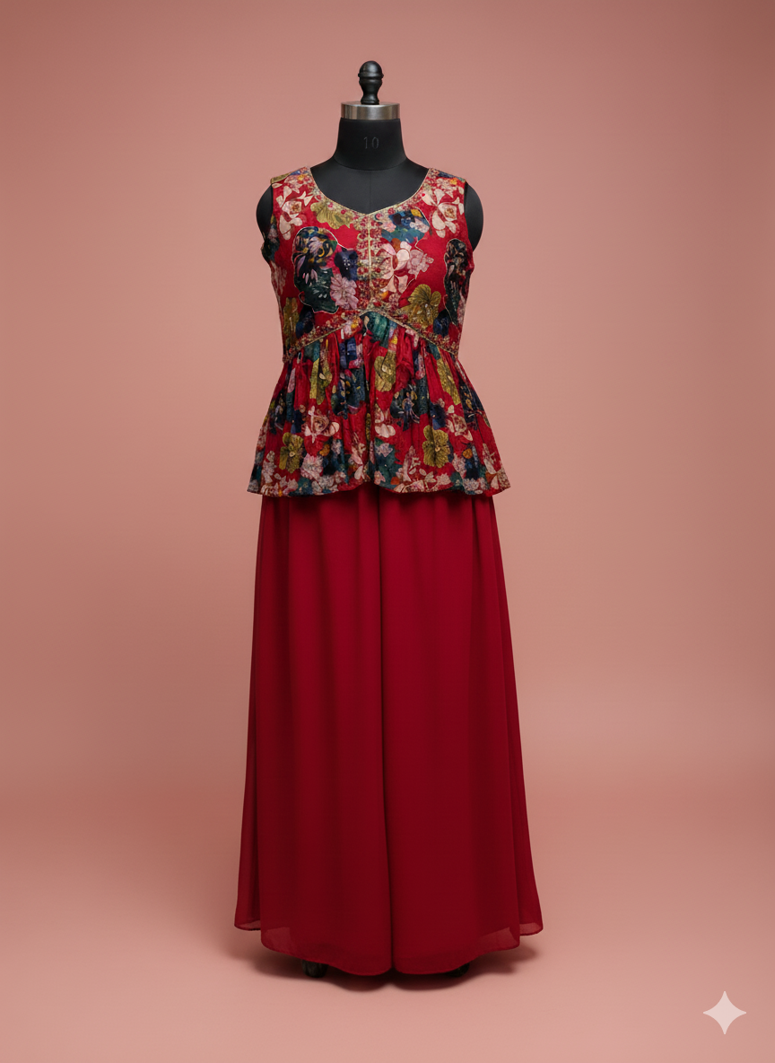 Floral Peplum Top and Red Palazzo Set with Dupatta