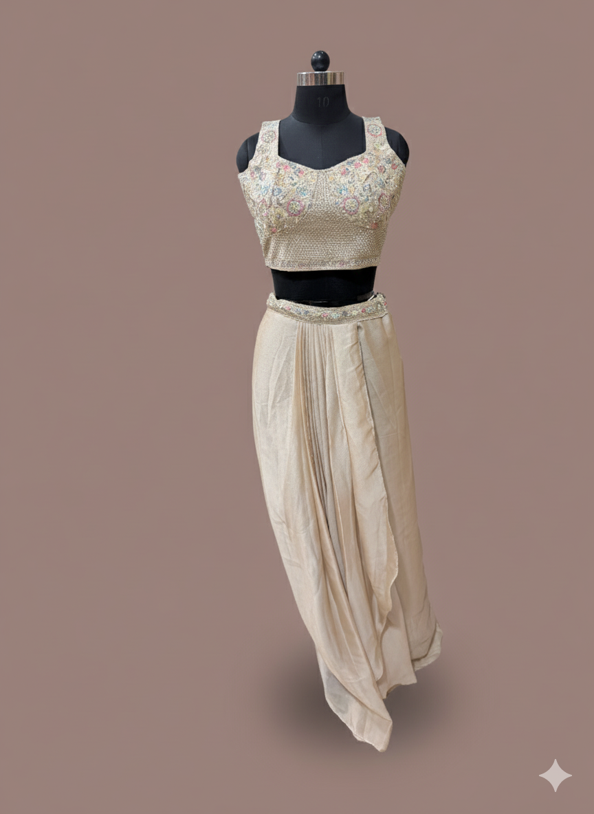 Beige Draped Pant Set with Embroidered Blouse and Dupatta