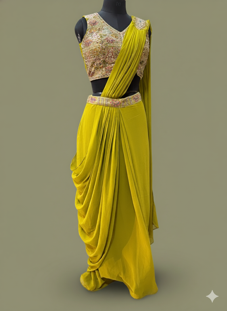 Olive Drape Saree Gown with Embroidered Blouse and Waist Detailing