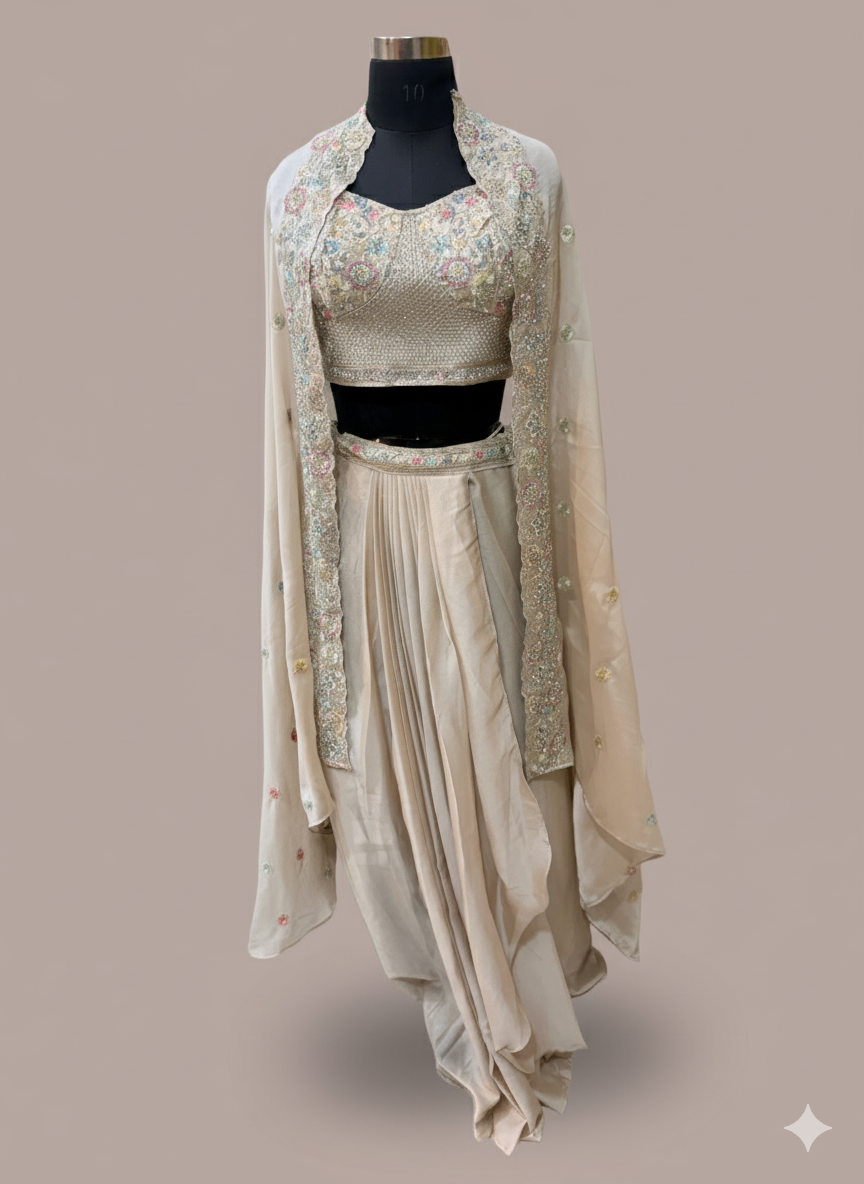 Beige Draped Pant Set with Embroidered Blouse and Dupatta
