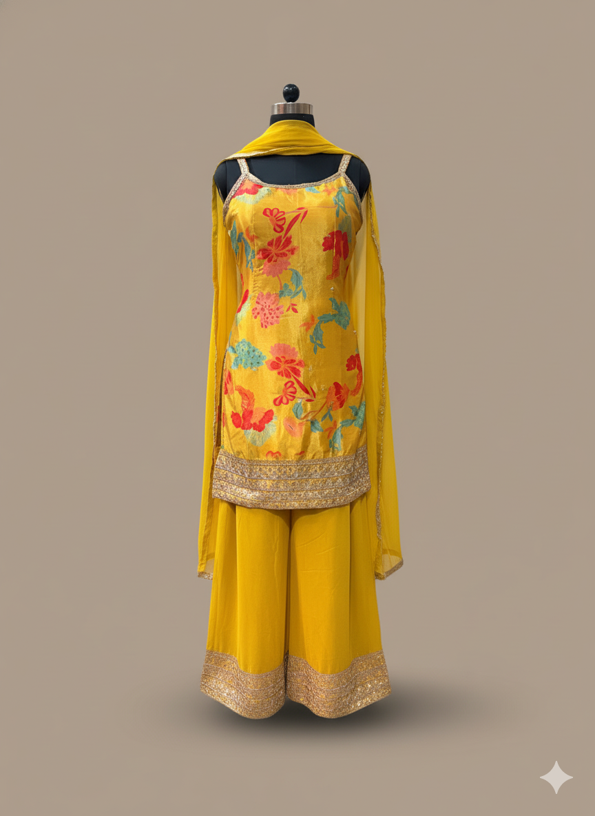 Yellow Floral Kurta Set with Golden Detailing and Dupatta