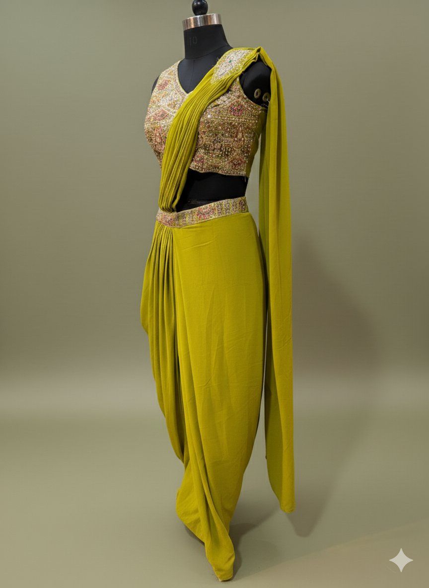 Olive Drape Saree Gown with Embroidered Blouse and Waist Detailing