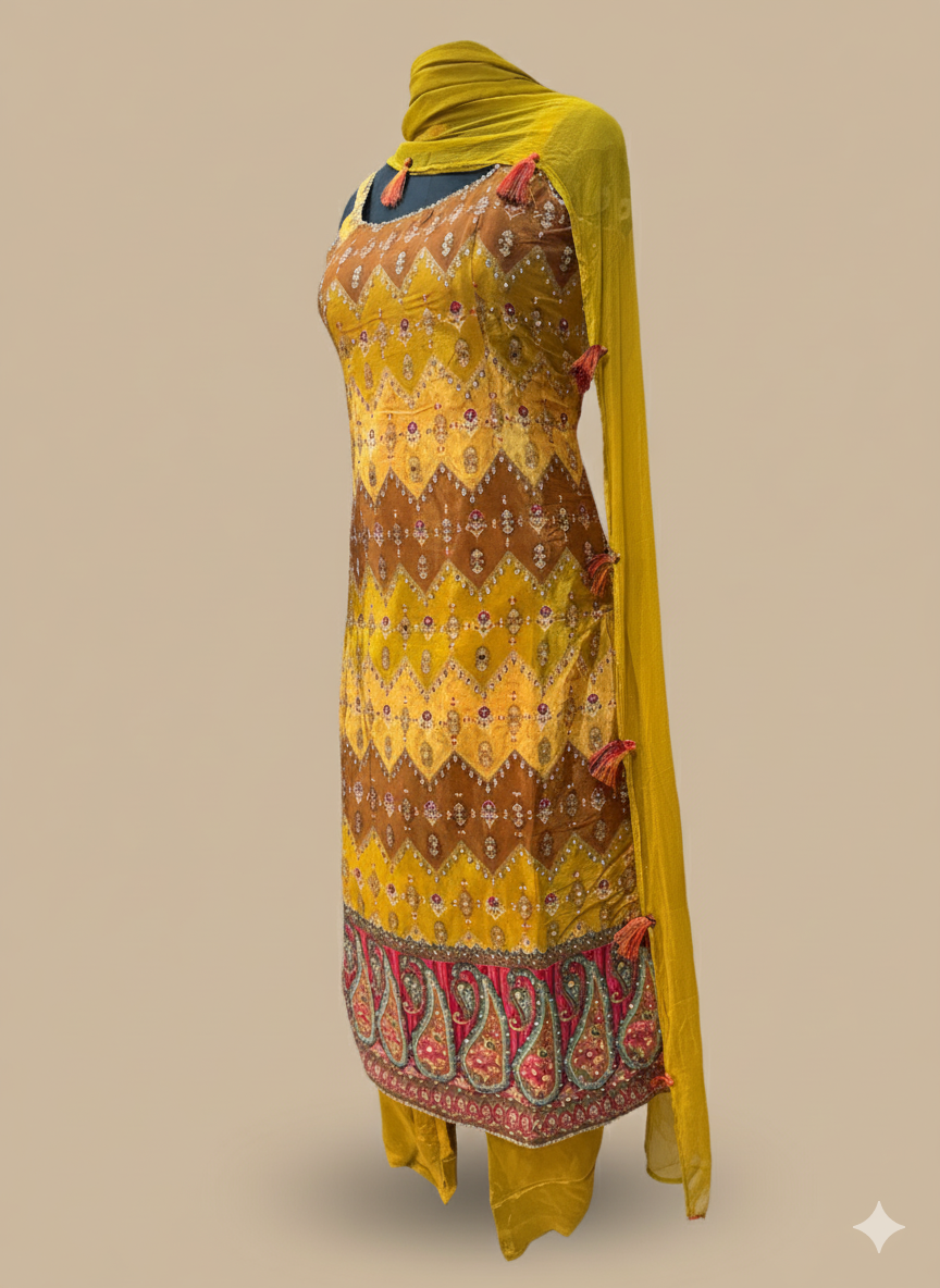 Mustard Printed Kurta Set with Embellished Detailing and Dupatta